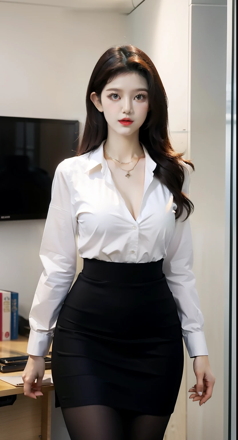 Beautiful Girl, Korean makeup, Red lips, Perfect body, medium chest, thigh, walk, Going, secretary, office, necklace slit shirt, Pencil skirt, black tights, View of the office,