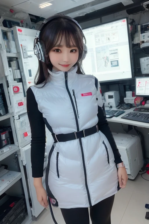 masterpiece, highest quality, Very detailed, 8K Portrait,Japanese Android Girl,plump , Control panel,Robotic arms and legs, Blunt bangs,,break (Metallic Gray, Metallic luster, Mirror finish, Astro Best):5,headphone:5,break (Black sleeves):100,Smart Watches,Futuristic space station,Control Room,break headphone,blue eyes,(Black Hair):2,(Long Hair):1.3,Displaying the viewer,(respirator),break blush:3,Hidden Hand,smile