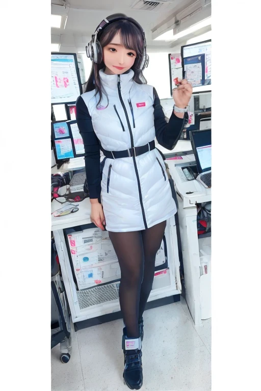 masterpiece, highest quality, Very detailed, 8K Portrait,Japanese Android Girl,plump , Control panel,Robotic arms and legs, Blunt bangs,,break (Metallic Gray, Metallic luster, Mirror finish, Astro Best):5,headphone:5,break (Black sleeves):100,Smart Watches,Futuristic space station,Control Room,break headphone,blue eyes,(Black Hair):2,(Long Hair):1.3,Displaying the viewer,(respirator),break blush:3,Hidden Hand,smile