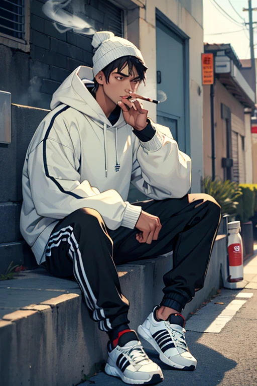 Young man around 28 years old with a jockie and black pants and adidas brand sweatshirt smoking a cigarette and drinking beer 