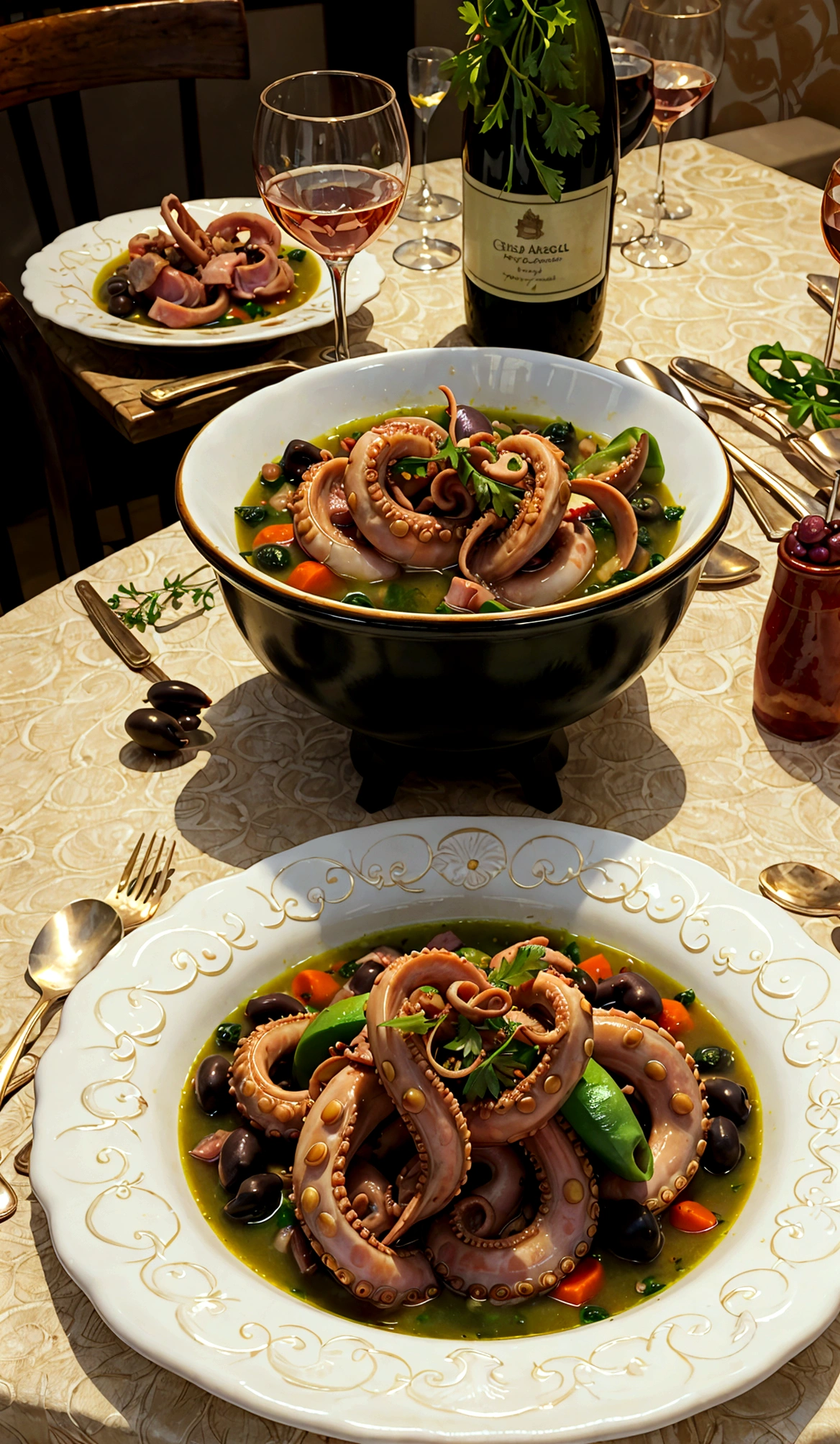 a plate of very tasty looking soup with large octopus tentacles seasoned with green bell peppers, large chunks of ham and black olives. a table set for breakfast, gold cutlery, a crystal glass of rosé wine. A vase with ice and a bottle of wine.
