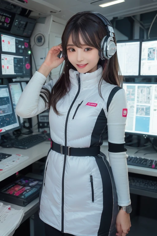masterpiece, highest quality, Very detailed, 8K Portrait,Japanese Android Girl,plump , Control panel,Robotic arms and legs, Blunt bangs,,break (Metallic Gray, Metallic luster, Mirror finish, Astro Best):5,headphone:5,break (Black sleeves):100,Smart Watches,Futuristic space station,Control Room,break headphone,blue eyes,(Black Hair):2,(Long Hair):1.3,Displaying the viewer,(respirator),break blush:3,Hidden Hand,smile