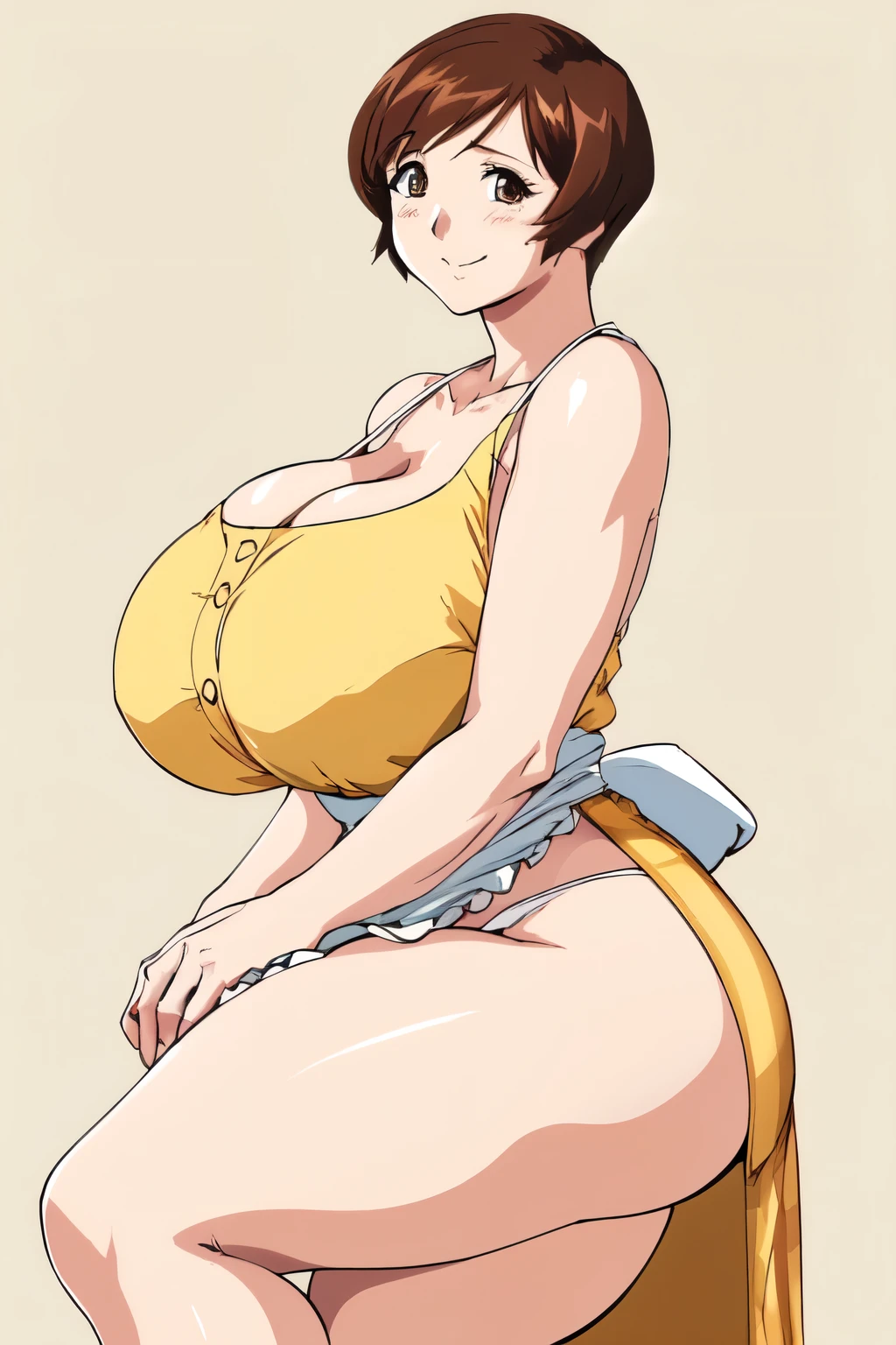 masterpiece, highest quality, High resolution, One girl, alone, sexual intercourse, Pornographic images, short hair, etsukoto, Brown eyes, fine grain, fine grain, (((Thick thighs, Plump thighs, Voluptuous thighs, Thighs alone are enough))), Huge and ample breasts, Cleavage, Huge long breasts, Naughty big,((Big breasts are important))、((Naughty thighs)), L Cup, (thin:1.4),(Tight waist:1.4), (Yellow Dress:1.4), ((white waist apron)), White panties, smile, (((Simple Background))), ((Wide Hips)), Shiny, Oily skin, Mature mother, Calf, Seductive mature woman, Perfect body, Plus Size Model, etsukoto, blush, clavicle, retro artstyle, 1990s (style), ((((Show off your thighs, thighs slip, Showing thighs)))), From side,