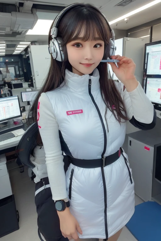 masterpiece, highest quality, Very detailed, 8K Portrait,Japanese Android Girl,plump , Control panel,Robotic arms and legs, Blunt bangs,,break (Metallic Gray, Metallic luster, Mirror finish, Astro Best):5,headphone:5,break (Black sleeves):100,Smart Watches,Futuristic space station,Control Room,break headphone,blue eyes,(Black Hair):2,(Long Hair):1.3,Displaying the viewer,(respirator),break blush:3,Hidden Hand,smile