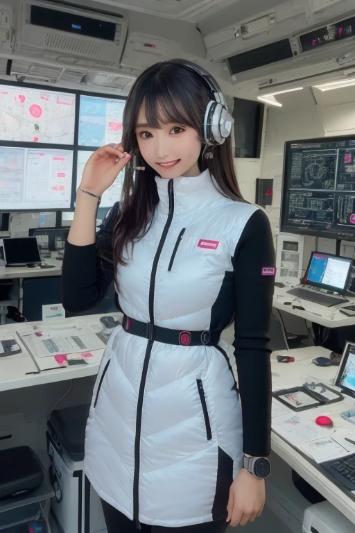 masterpiece, highest quality, Very detailed, 8K Portrait,Japanese Android Girl,plump , Control panel,Robotic arms and legs, Blunt bangs,,break (Metallic Gray, Metallic luster, Mirror finish, Astro Best):5,headphone:5,break (Black sleeves):100,Smart Watches,Futuristic space station,Control Room,break headphone,blue eyes,(Black Hair):2,(Long Hair):1.3,Displaying the viewer,(respirator),break blush:3,Hidden Hand,smile