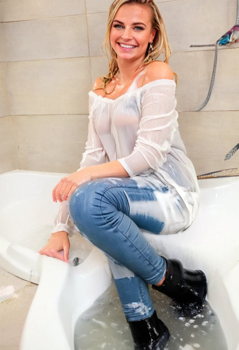 attractive blonde woman wearing skinny jeans, high heel boots, white blouse, taking a bath, sitting in big bathtub, big smile, soakingwetclothes, (((side view)))