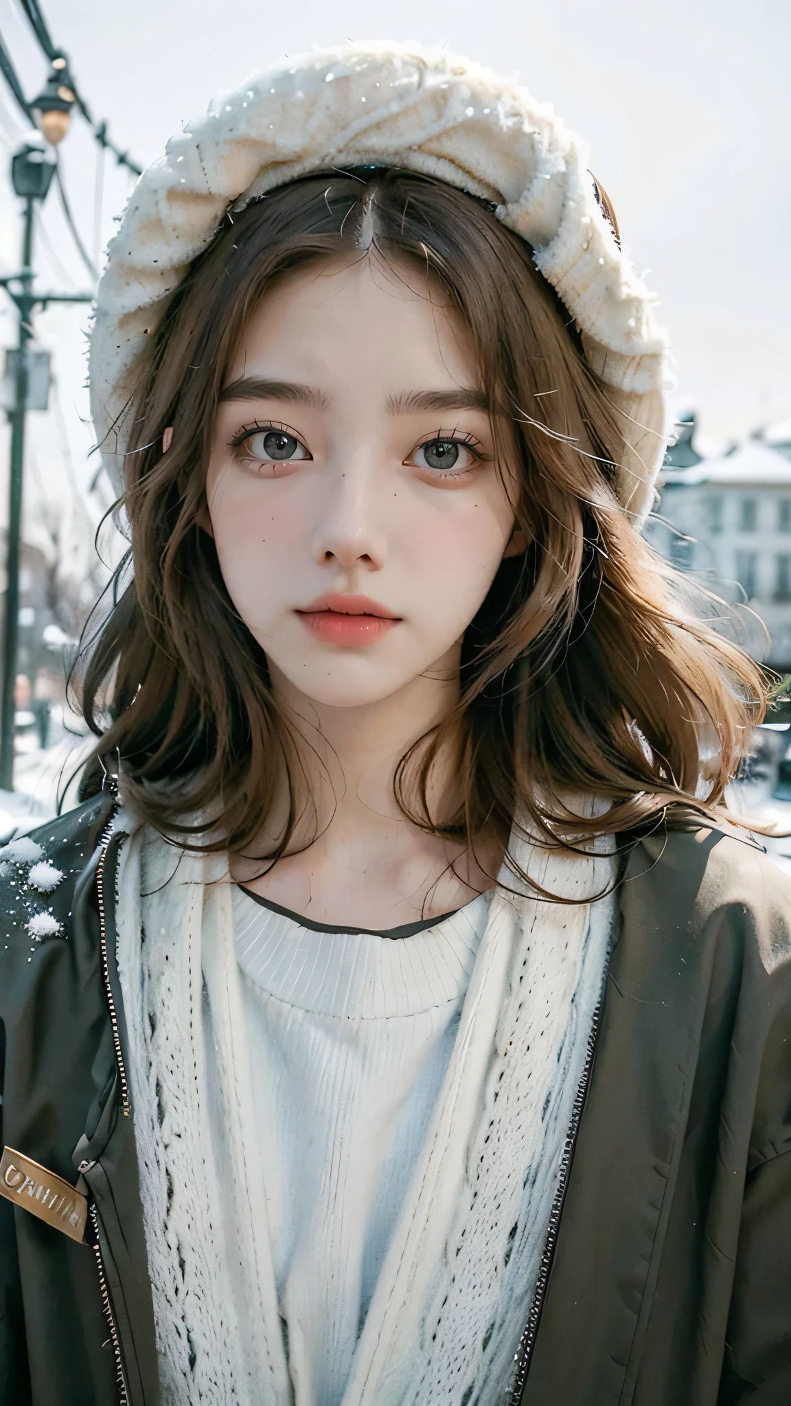 (best quality,4K,high resolution,masterpiece:1.4),Super detailed,Very detailed,sharp focus,Surreal:1.4,professional,HD images,bright colors,Bokeh,Beautiful and delicate eyes,Beautiful and delicate lips,long eyelashes,Romantic atmosphere,soft light,Contrast light and shadow,Lighting effects,high nose bridge,high nose，Yamane，young,Lively,Chubby cheeks,charming,graceful curves，Blonde hair，full，The streets of Moscow，European girl，Snowing day，Kremlin background，Wearing a red star cotton hat，Olive green military uniform