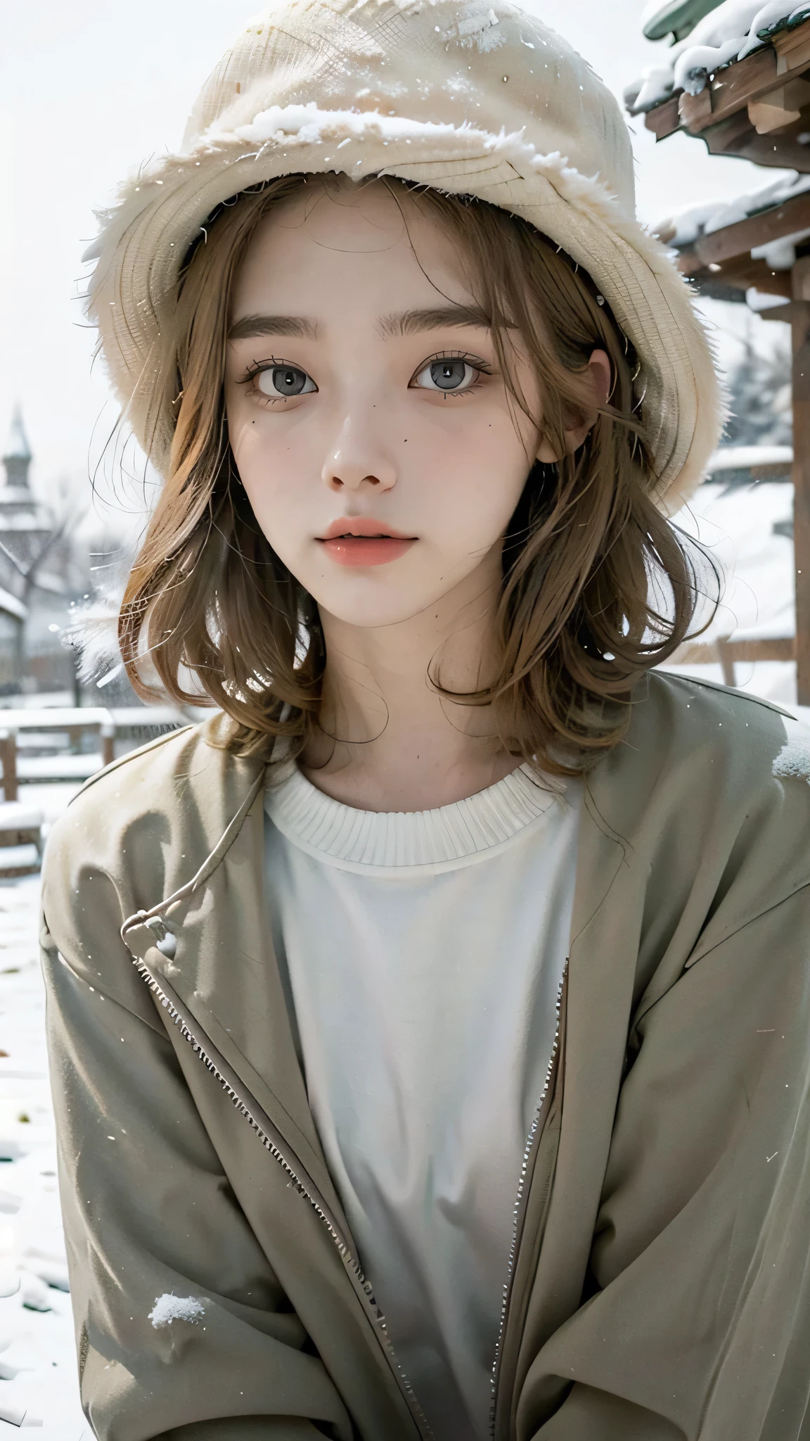 (best quality,4K,high resolution,masterpiece:1.4),Super detailed,Very detailed,sharp focus,Surreal:1.4,professional,HD images,bright colors,Bokeh,Beautiful and delicate eyes,Beautiful and delicate lips,long eyelashes,Romantic atmosphere,soft light,Contrast light and shadow,Lighting effects,high nose bridge,high nose，Yamane，young,Lively,Chubby cheeks,charming,graceful curves，Blonde hair，full，The streets of Moscow，European girl，Snowing day，Kremlin background，Wearing a red star cotton hat，Olive green military uniform