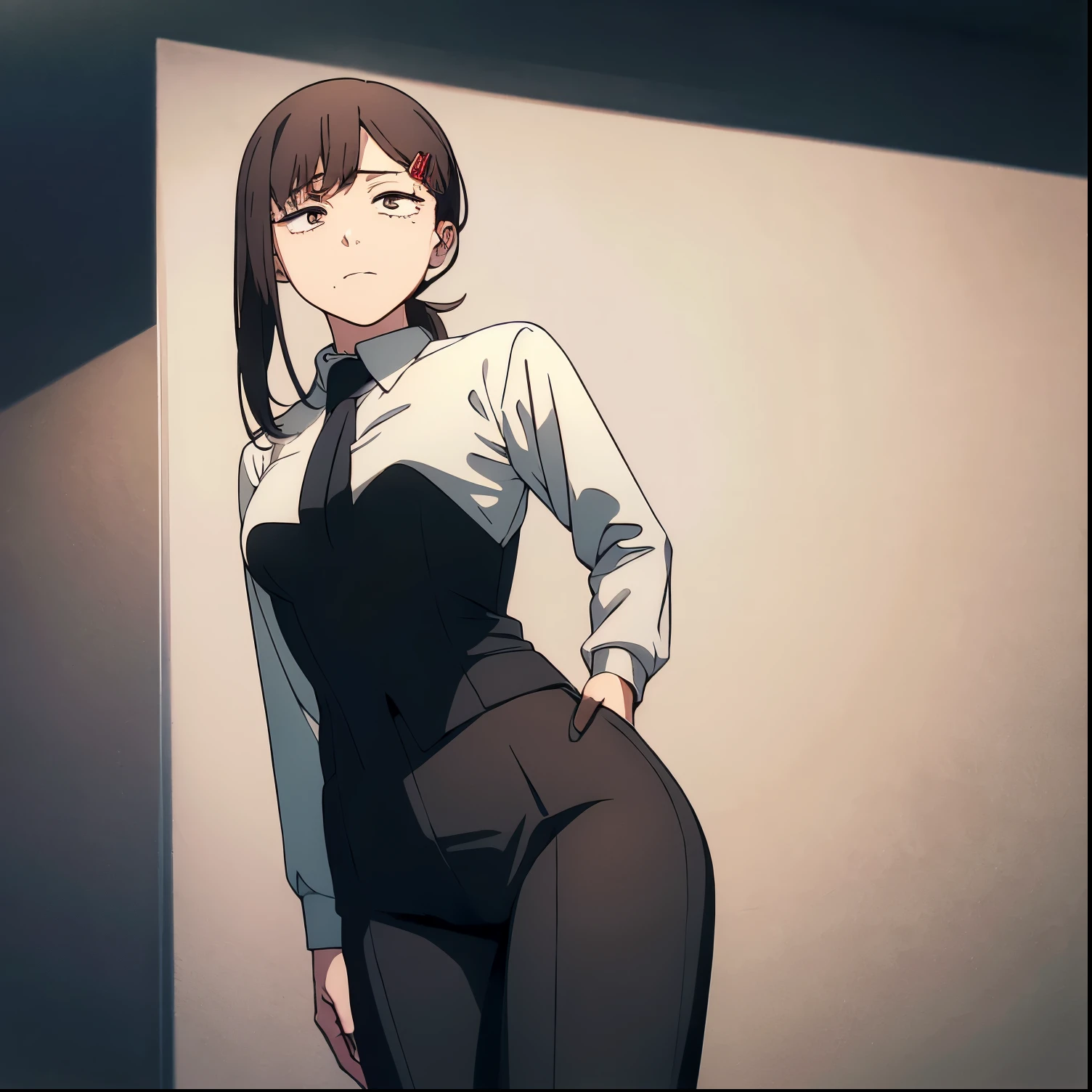 1 girl, alone, kobeni higashiyama, black hair, hair ornament, hair clip, mole, mole under the eye, ponytail, short hair, (brown eyes: 1.5), shirt, long sleeves, (white shirt :1.2),(black tie:1.2), collared shirt, pants, (black pants:1.2), formal, suit, black tie,(tucked shirt:1.2), office worker, indoors, office, medium breasts, medium waist, wide hips, wide thighs, round butt, facing viewer, front, focus on hips, point of view (from below), (interior: 1.2), ( office:1.2), window, (lighting:1.2 ), (Masterpiece: 1.2), Best Quality, High Resolution, Unity 8K Wallpaper, (Artwork: 0.8), (Beautiful and Detailed Eyes: 1.6), Extremely Detailed Face, Perfect Lighting, Extremely Detailed CG, ( Perfect hands, Perfect anatomy)