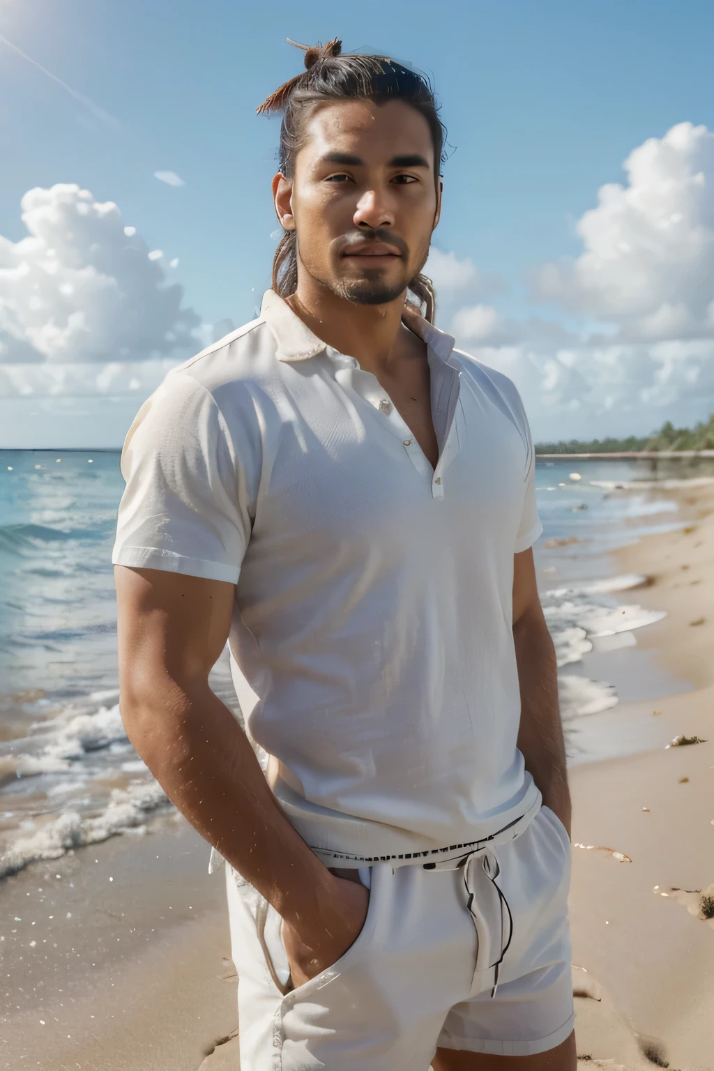 ((best quality)), ((masterpiece)), ((high res)), ((perfect photograph)), ((realistic)), (perfect face), handsome Polynesian man, wearing a straight black shirt, in the sun, light shining on shirt, no wrinkles on shirt, standing on the beach facing the camera, man bun hair, scruffy facial hair, skinny, tall, wearing white shorts, happy, sunny day