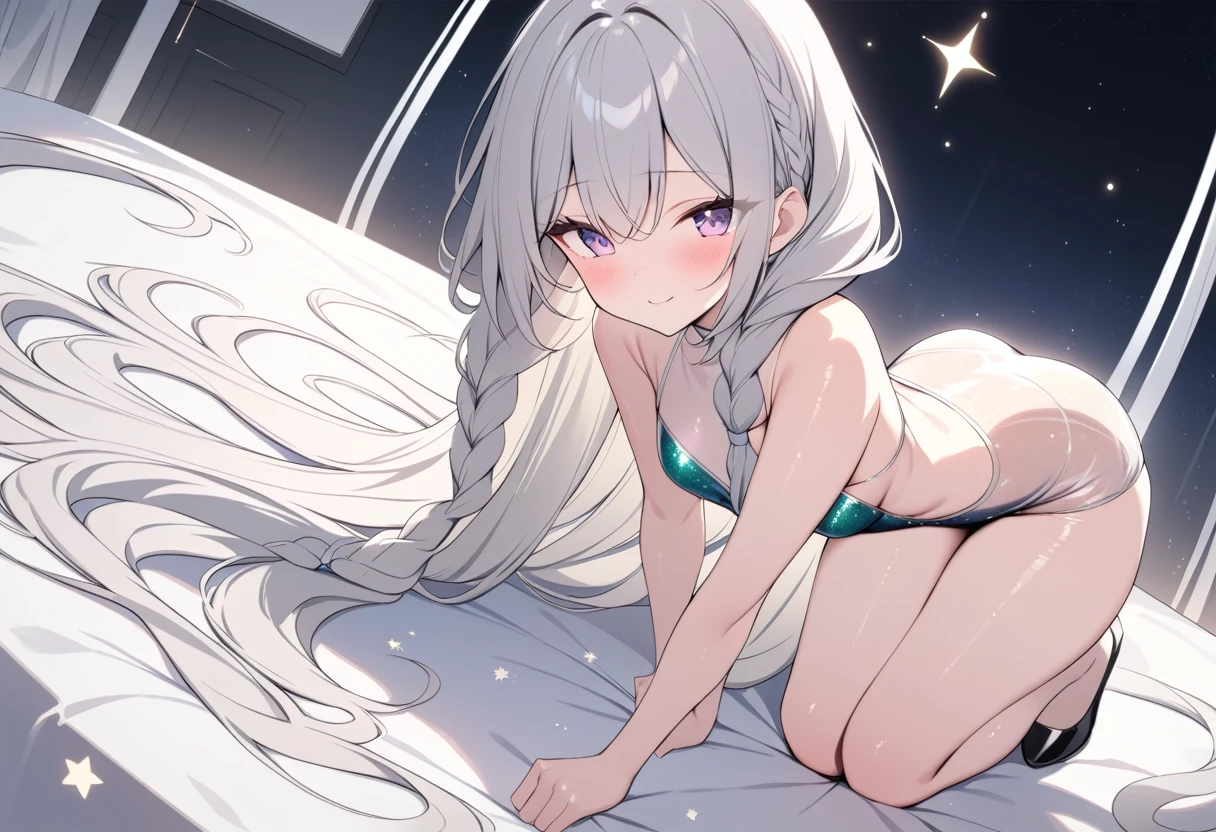 (masterpiece, best quality: 1.2), high resolution, high quality,cute 1girl, shiny luminous hair, very long hair, braids, transparent dress covered in glitter, stars