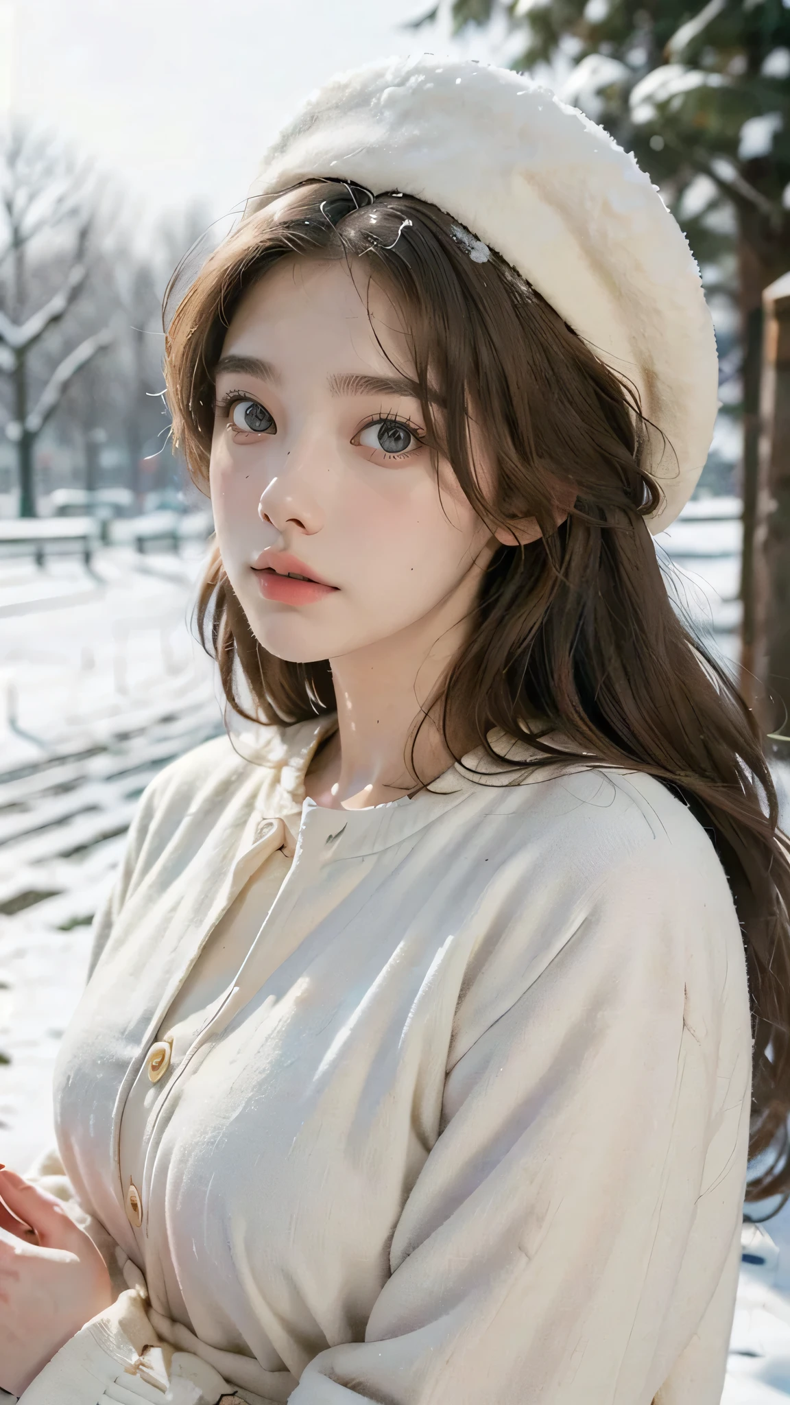 (best quality,4K,high resolution,masterpiece:1.4),Super detailed,Very detailed,sharp focus,Surreal:1.4,professional,HD images,bright colors,Bokeh,Beautiful and delicate eyes,Beautiful and delicate lips,long eyelashes,Romantic atmosphere,soft light,Contrast light and shadow,Lighting effects,high nose bridge,high nose,Yamane,young,Lively,Chubby cheeks,charming,graceful curves,Blonde hair,full,The streets of Moscow,European girl,Snowing day,Kremlin background,Wearing a red star cotton hat,Olive green military uniform