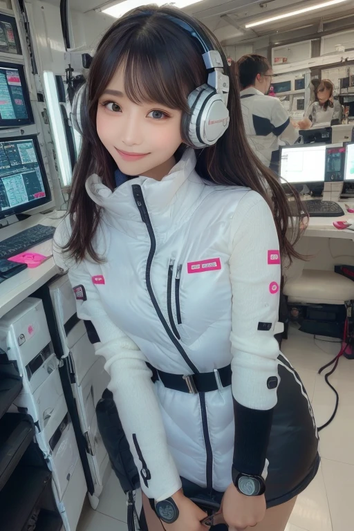 masterpiece, highest quality, Very detailed, 8K Portrait,Japanese Android Girl,plump , Control panel,Robotic arms and legs, Blunt bangs,,break (Metallic Gray, Metallic luster, Mirror finish, Astro Best):5,headphone:5,break (Black sleeves):100,Smart Watches,Futuristic space station,Control Room,break headphone,blue eyes,(Black Hair):2,(Long Hair):1.3,Displaying the viewer,(respirator),break blush:3,Hidden Hand,smile