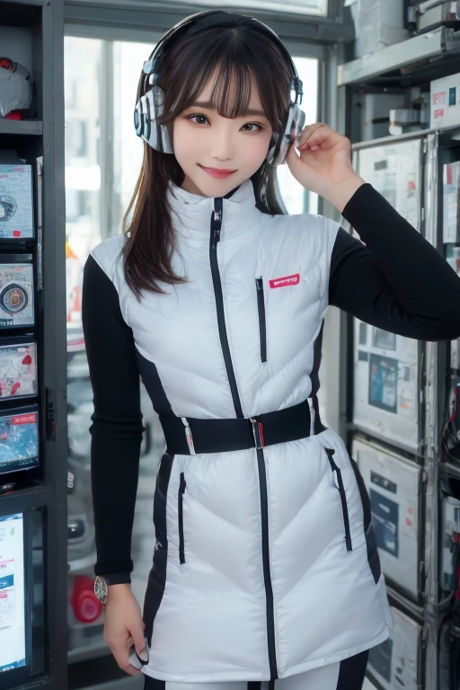 masterpiece, highest quality, Very detailed, 8K Portrait,Japanese Android Girl,plump , Control panel,Robotic arms and legs, Blunt bangs,,break (Metallic Gray, Metallic luster, Mirror finish, Astro Best):5,headphone:5,break (Black sleeves):100,Smart Watches,Futuristic space station,Control Room,break headphone,blue eyes,(Black Hair):2,(Long Hair):1.3,Displaying the viewer,(respirator),break blush:3,Hidden Hand,smile