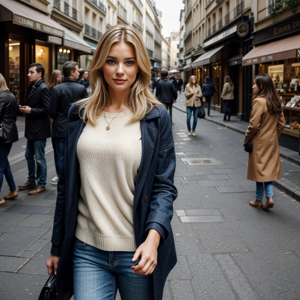 "A blonde woman in her 30s with blue eyes is taking a selfie while walking in the streets of Paris. She has long, loose hair styled in an elegant and well-groomed manner. She is dressed in an elegant pastel-colored top, jeans, and a luxurious black coat. She is holding a smartphone in her hand, capturing the selfie herself, and carrying a matching handbag that complements her outfit. The background shows a bustling Parisian street with people in the background wearing different outfits, typical Parisian architecture, and natural lighting that illuminates the scene. The setting should be slightly blurred to emphasize depth of field but still recognizable as a lively and realistic Parisian street. The image should capture a vibrant, everyday moment with an ultra-realistic and high-quality look. Everything in the image, including the woman, her expression, and the setting, should be as detailed and realistic as possible. The facial details should be extremely lifelike, with intricate textures. The eyes should be particularly complex and realistic, showcasing intricate details in texture, hair, glistening effects, and vibrant color. All textures in the image should be enhanced to an ultra-realistic level. Additionally, add a film grain effect (Downtown) to the image to give it a cinematic quality. The image should have the crystal clear quality of a Fujifilm XT3 photograph, with the beautiful face and full body framed at the center. The woman's body should have slightly more generous curves, enhancing her natural figure in a tasteful and realistic manner, with no nudity. Everything should be the highest possible quality with the most realistic details."




