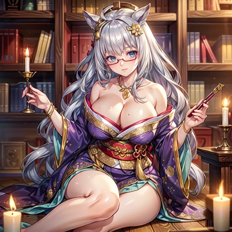 Masterpiece, Best Quality, (((Solo mature woman Janet))), biwa hayahide \(umamusume\), under rim glasses, (((wide hips))), (((light blue eyes))), full lips, seductive smile, cleavage, (((sitting on wooden throne))), (((bookshelves, candles))) sunset, blushing, "beautiful mature face" , age30 , MILF , adult ((open purple kimono with detailed patterns of gold)), bare shoulder, ((Sexual suggestiveness)), perfect beautiful eyes, detailed eyes. thick lips, ((big boobs)), (Thick thighs), top down, looking down, (((shiny skin))), (((chubby))), necklace, bracelets, hoop earrings, (((European Face))), ((Oiran)), Japanese Clothing, Boobplate, obi, intricate, eye shadow, floral print, hairpin, lipstick, make-up, red lips, sarashi, (((kiseru))), holding pipe in right hand, (((Bare legs)))