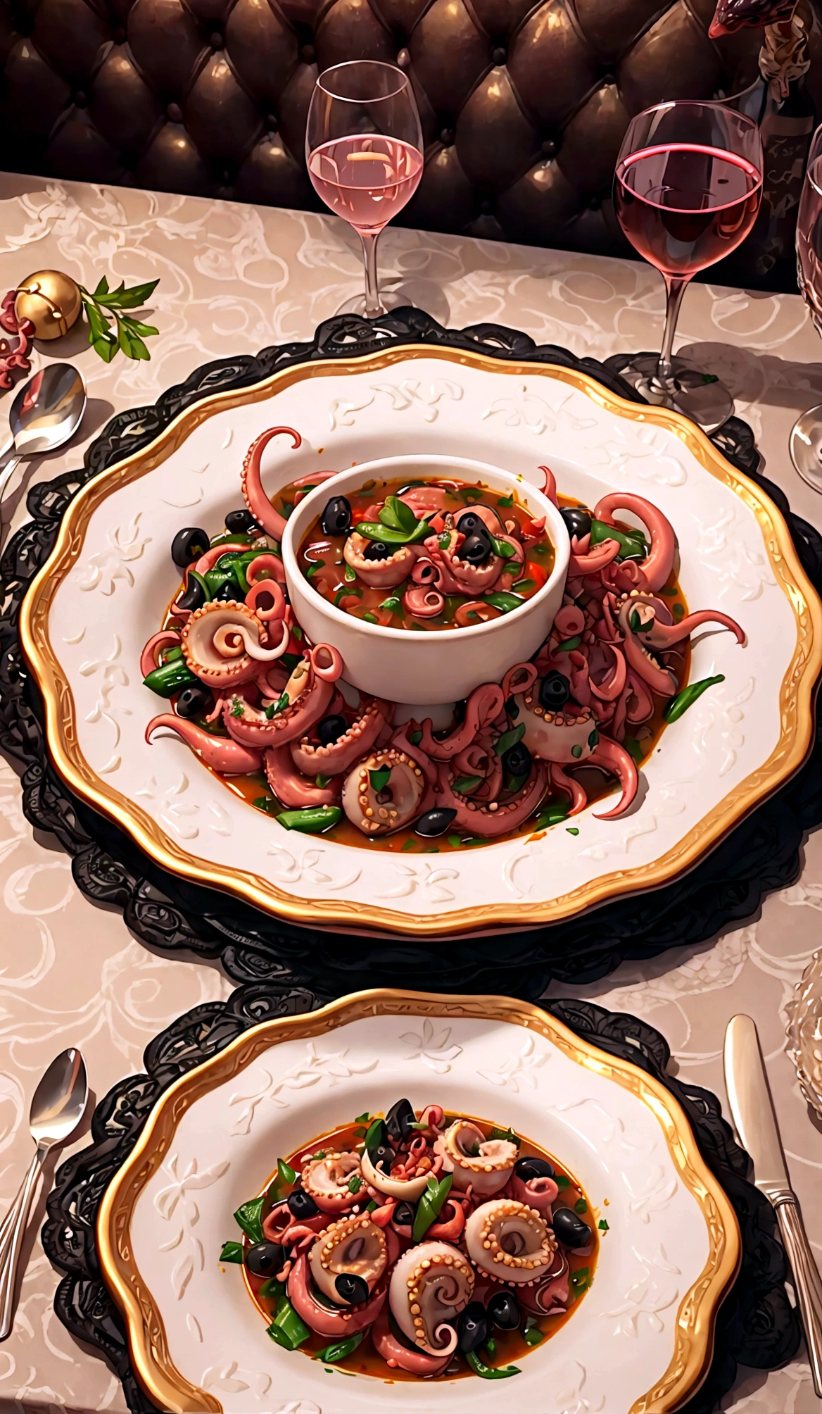 a plate of very tasty looking soup with large octopus tentacles seasoned with green bell peppers, large chunks of ham and black olives. a table set for breakfast, gold cutlery, a crystal glass of rosé wine. A vase with ice and a bottle of wine.
