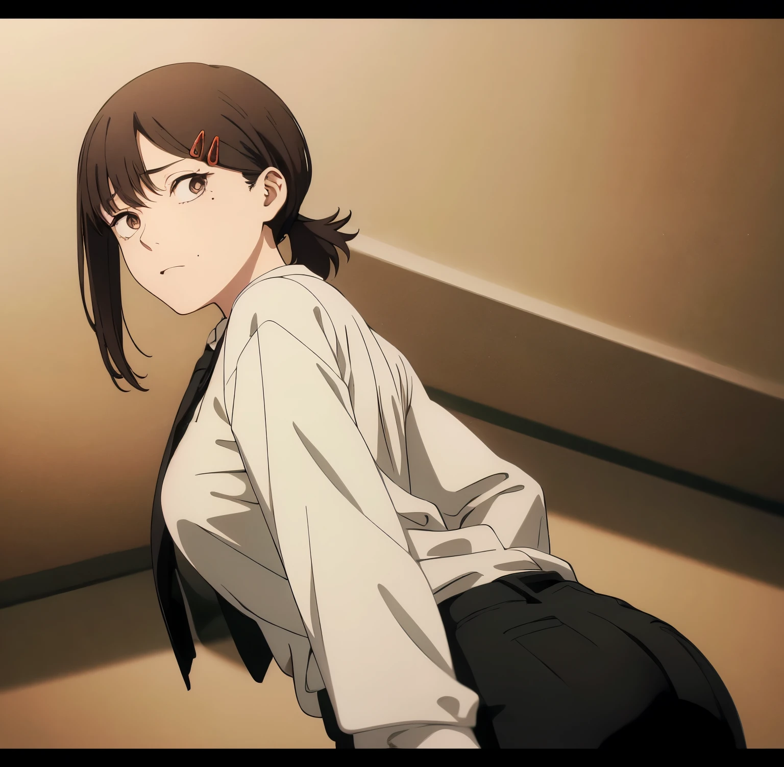 1 girl, alone, kobeni higashiyama, black hair, hair ornament, hair clip, mole, mole under the eye, ponytail, short hair, (brown eyes: 1.5), (office clothes:1.2), formal wear, (white shirt: 1.2), long sleeve, black tie, dress pants, (tight black pants: 1.2), black shoes, medium breasts, medium waist, wide hips, wide thighs, round butt, facing viewer, looking back, from behind, point of view (from below), showing butt, (interior: 1.2), (looking back: 1.2), ( office:1.2), window, (lighting:1.2), (Masterpiece : 1.2), Best Quality, High Resolution, Unity 8K Wallpaper, (Artwork: 0.8), (Beautiful and Detailed Eyes: 1.6), Extremely Detailed Face, Perfect Lighting, Extremely Detailed CG, (Perfect Hands, Perfect Anatomy )
