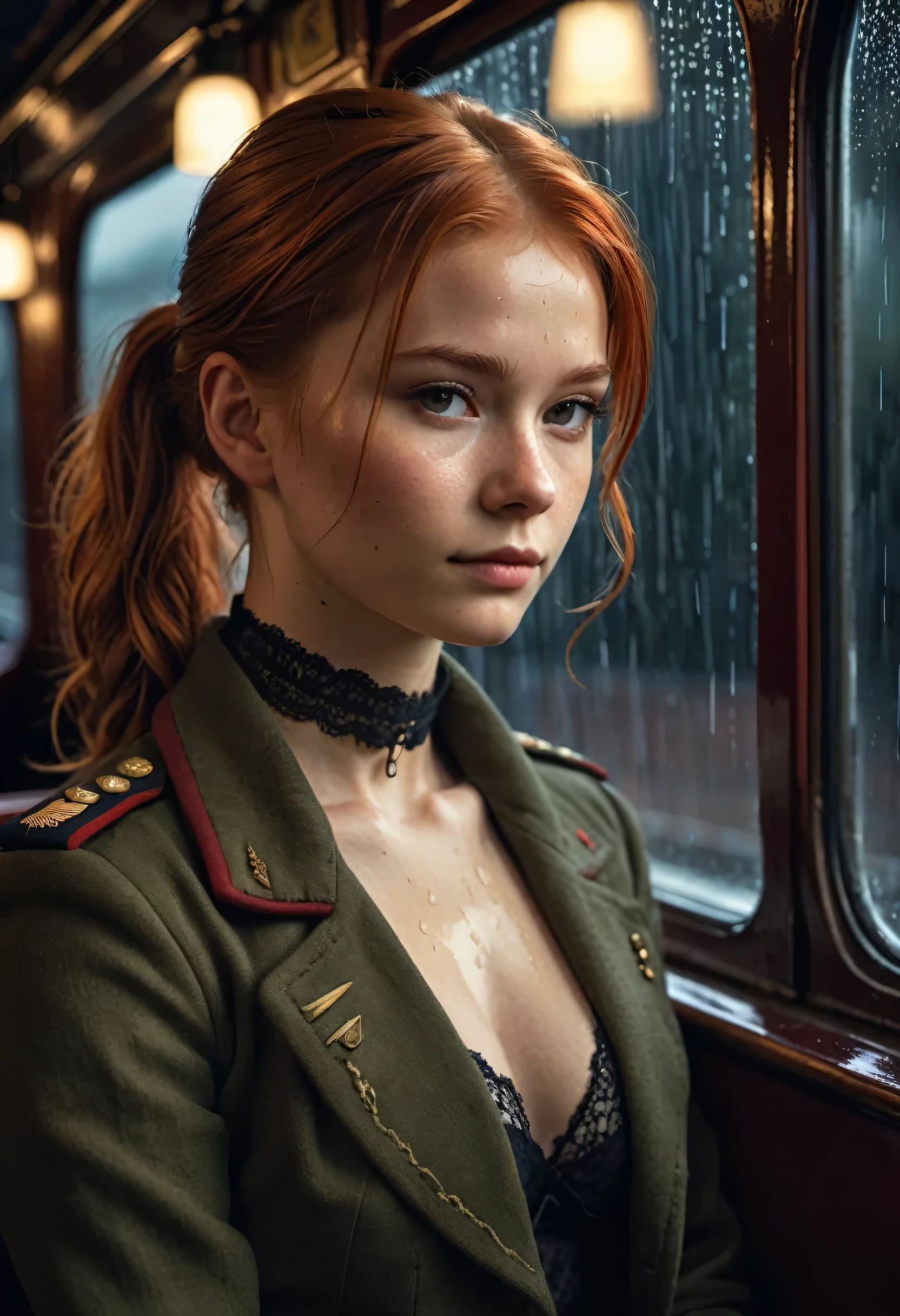 by Bojan Jevtic, Michael Borremans, Vector Art, RAW photo,1/2 length shot of a strong 18yo Young norwegian Beauty Army officer, alluring, Thoughtful Pose, Land Art, Ilford HP5+ 400, F/5, perfect skin, Smooth Skin, Flat chested, Bold, Brilliant Dim Background Light, low key lighting, deep rich colours, deep dark shadows, HDR, sharp and in focus, 8k, Visual novel, Brilliant Masterpiece, sad smile, ponytail hair, redhead, colour, open jacket, small lacy bralette, choker, background of dark antique train carriage, deep dark night, rain on windows,
