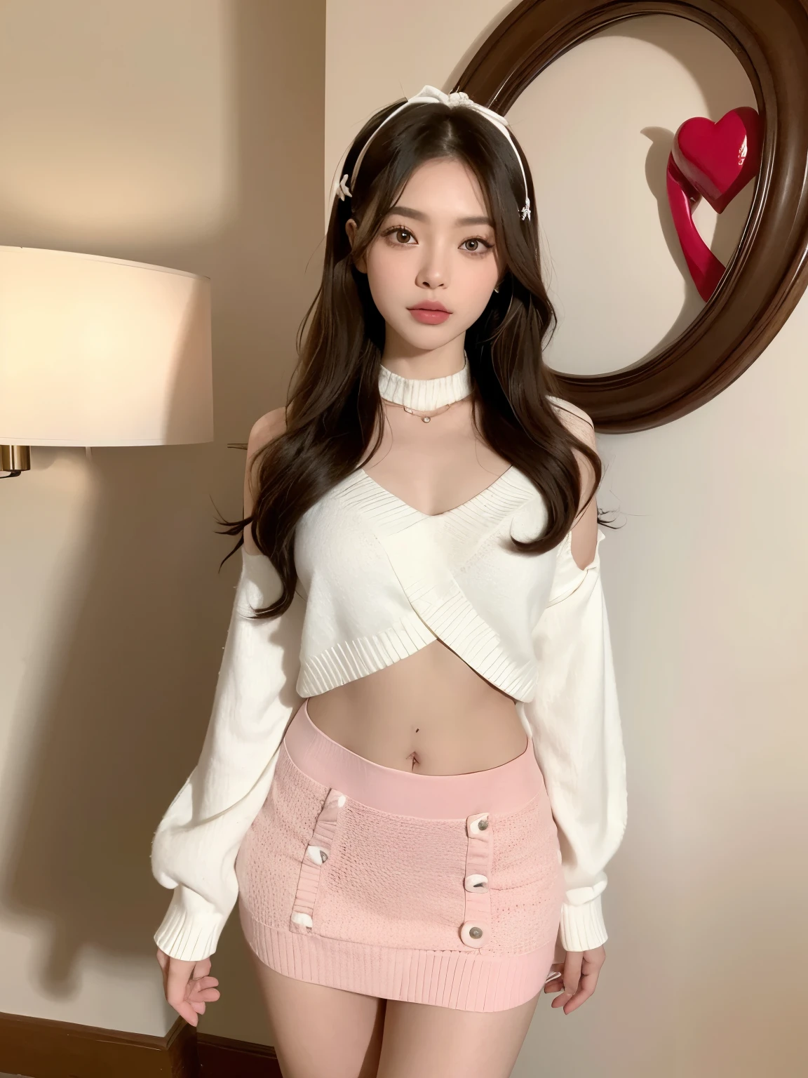 Kim Jennie with white brown hair, con rulos en las puntas, with two bows on each side of the hair, all her hair white brown, with a star clip in her white brown hair, ojos de color claro, ojos bonitos, ojos llorosos, nariz bonita y respingada, nariz lloroso, labios bonitos, labios rosas, heart and cupid shaped lip, piel bonita, pale, piel blanca, con lunares y pecas en todo el rostro, rubor rosa suave en las mejilla, rubor rosa natural, maquillaje suave y rosa, jennie, cuello bonito, cuello marcado, frown, mirada tierna, con un collar de beso, un collar bonito de beso, parecido a Yumeko Jabami, mientras lleva puesto un Crochet YK2, de lana, with a YK2 style brown mini skirt, mientras lleva una casaca con estampados de ositos, mientras tiene el abdomen desnudo, delgado, marcado y bonito, (pechos grandes, pechos suaves, pechos bonitos), mientras esta haciendo cospaly del personaje Yumeko Jabami, del anime Kakegurui, mirando a la camara
