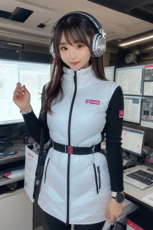 masterpiece, highest quality, Very detailed, 8K Portrait,Japanese Android Girl,plump , Control panel,Robotic arms and legs, Blunt bangs,,break (Metallic Gray, Metallic luster, Mirror finish, Astro Best):5,headphone:5,break (Black sleeves):100,Smart Watches,Futuristic space station,Control Room,break headphone,blue eyes,(Black Hair):2,(Long Hair):1.3,Displaying the viewer,(respirator),break blush:3,Hidden Hand,smile