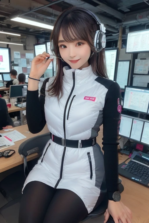 masterpiece, highest quality, Very detailed, 8K Portrait,Japanese Android Girl,plump , Control panel,Robotic arms and legs, Blunt bangs,,break (Metallic Gray, Metallic luster, Mirror finish, Astro Best):5,headphone:5,break (Black sleeves):100,Smart Watches,Futuristic space station,Control Room,break headphone,blue eyes,(Black Hair):2,(Long Hair):1.3,Displaying the viewer,(respirator),break blush:3,Hidden Hand,smile