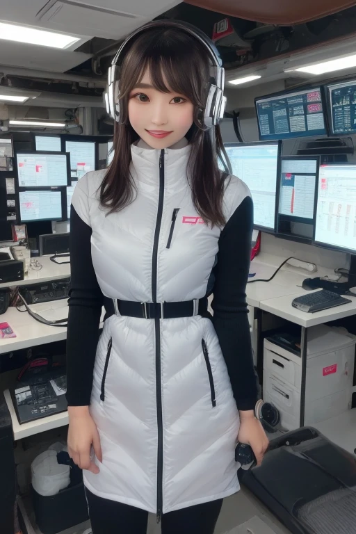 masterpiece, highest quality, Very detailed, 8K Portrait,Japanese Android Girl,plump , Control panel,Robotic arms and legs, Blunt bangs,,break (Metallic Gray, Metallic luster, Mirror finish, Astro Best):5,headphone:5,break (Black sleeves):100,Smart Watches,Futuristic space station,Control Room,break headphone,blue eyes,(Black Hair):2,(Long Hair):1.3,Displaying the viewer,(respirator),break blush:3,Hidden Hand,smile