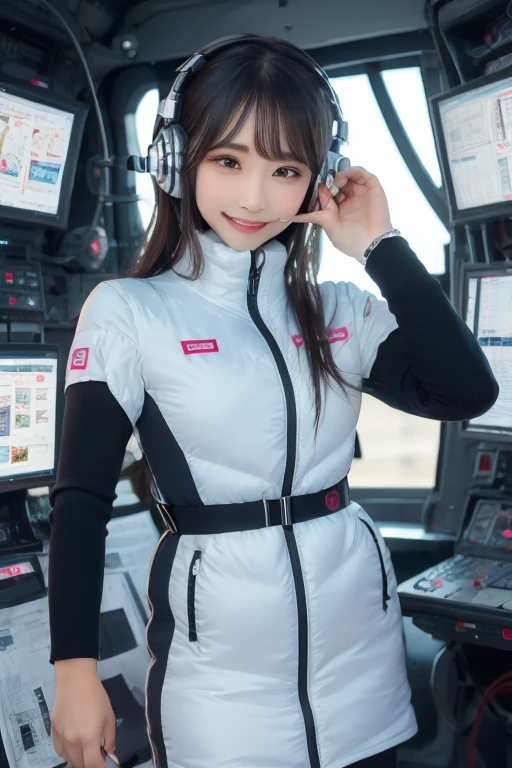 masterpiece, highest quality, Very detailed, 8K Portrait,Japanese Android Girl,plump , Control panel,Robotic arms and legs, Blunt bangs,,break (Metallic Gray, Metallic luster, Mirror finish, Astro Best):5,headphone:5,break (Black sleeves):100,Smart Watches,Futuristic space station,Control Room,break headphone,blue eyes,(Black Hair):2,(Long Hair):1.3,Displaying the viewer,(respirator),break blush:3,Hidden Hand,smile