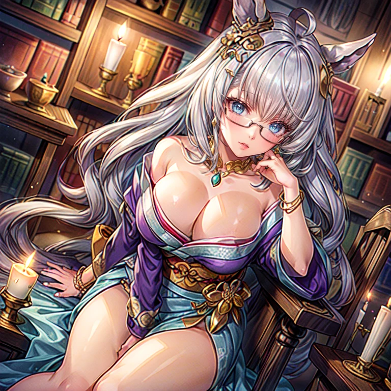 Masterpiece, Best Quality, (((Solo mature woman Janet))), biwa hayahide \(umamusume\), under rim glasses, (((wide hips))), (((light blue eyes))), full lips, seductive smile, cleavage, (((sitting on wooden throne))), (((bookshelves, candles))) sunset, blushing, "beautiful mature face" , age30 , MILF , adult ((open purple kimono with detailed patterns of gold)), bare shoulder, ((Sexual suggestiveness)), perfect beautiful eyes, detailed eyes. thick lips, ((big boobs)), (Thick thighs), top down, looking down, (((shiny skin))), (((chubby))), necklace, bracelets, hoop earrings, (((European Face))), ((Oiran)), Japanese Clothing, Boobplate, obi, intricate, eye shadow, floral print, hairpin, lipstick, make-up, red lips, sarashi, (((kiseru))), holding pipe in right hand, (((Bare legs)))