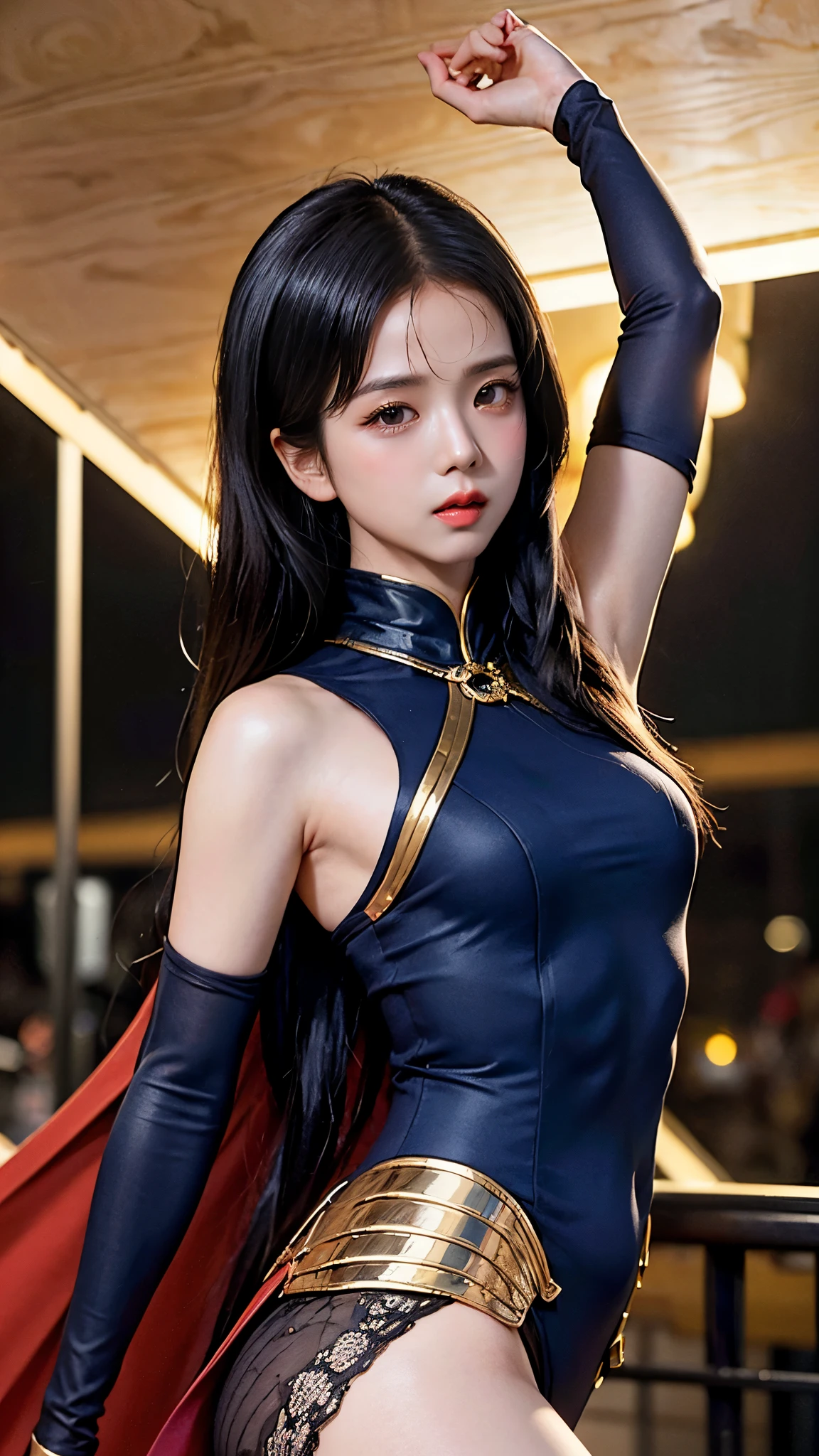 (best quality,4k,8k,highres,masterpiece:1.2),ultra-detailed,(realistic,photorealistic,photo-realistic:1.37),Kim Jisoo as Kamala Khan, Ms. Marvel, portrait, vibrant colors, studio lighting, beautiful detailed eyes, beautiful detailed lips, Asian beauty, confident pose, superhero costume, dynamic composition, comic book style, intense gaze, flawless complexion, strong female protagonist, empowered, iconic character, action-packed scene, city skyline in the background, energetic atmosphere, vivid reds and blues, dramatic lighting, shining powers, flying debris, powerful energy bursts, intense character expression, epic storyline, engaging narrative, bold and fearless, special effects, dynamic action poses, explosive action, visually stunning, captivating story, intense power struggle, determined and vigilant, compelling composition, heroic and brave, immersive artistry, exquisite attention to detail