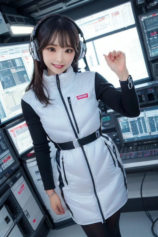masterpiece, highest quality, Very detailed, 8K Portrait,Japanese Android Girl,plump , Control panel,Robotic arms and legs, Blunt bangs,,break (Metallic Gray, Metallic luster, Mirror finish, Astro Best):5,headphone:5,break (Black sleeves):100,Smart Watches,Futuristic space station,Control Room,break headphone,blue eyes,(Black Hair):2,(Long Hair):1.3,Displaying the viewer,(respirator),break blush:3,Hidden Hand,smile