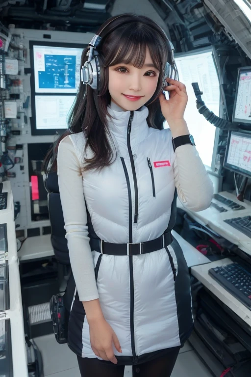 masterpiece, highest quality, Very detailed, 8K Portrait,Japanese Android Girl,plump , Control panel,Robotic arms and legs, Blunt bangs,,break (Metallic Gray, Metallic luster, Mirror finish, Astro Best):5,headphone:5,break (Black sleeves):100,Smart Watches,Futuristic space station,Control Room,break headphone,blue eyes,(Black Hair):2,(Long Hair):1.3,Displaying the viewer,(respirator),break blush:3,Hidden Hand,smile