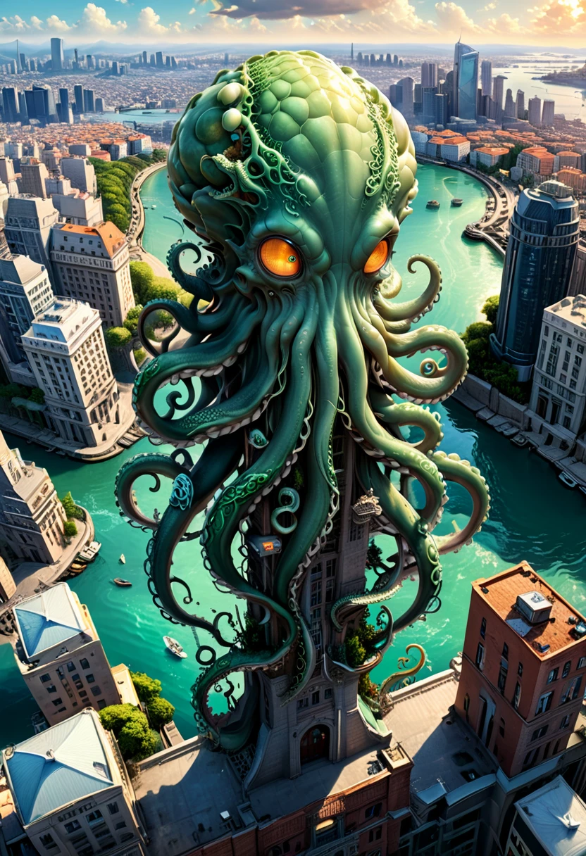 Cthulhu on the sky, tentacles, city view, (masterpiece, best quality, Professional, perfect composition, very aesthetic, absurdres, ultra-detailed, intricate details:1.3)