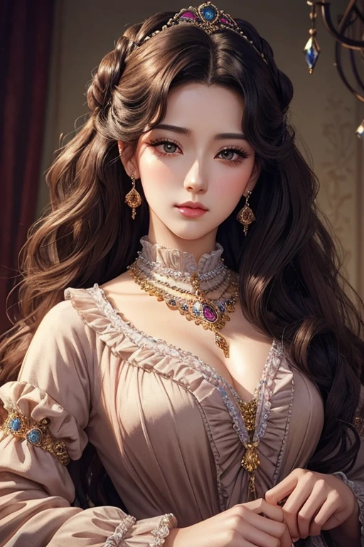 (Masterpiece: 1.4, Best Quality), (Intricate Detail), Unity 8k wallpaper, super detailed, noble, beautiful and beautiful, perfect lighting, dynamic light, (1 girl), (brown red hair, black eyes, huge breasts), dynamic pose, dynamic angle, lipstick, huge breasts, detailed background, realistic, solo, perfect detailed face, detailed eyes, highly detailed, blush, hair accessory, smile, bright textured clothes