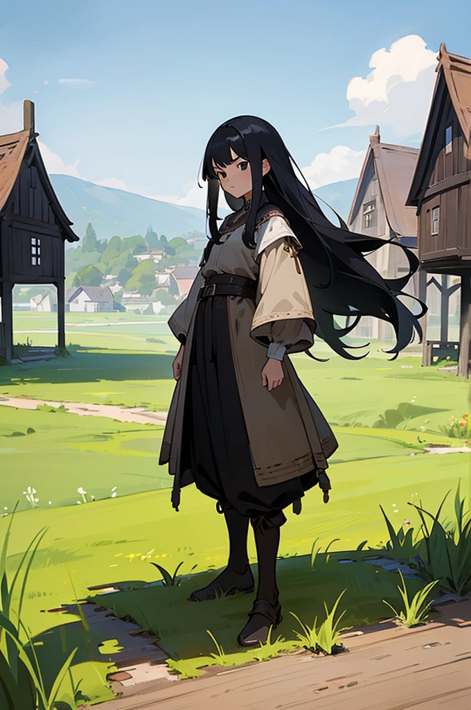 1girl, black hair, black eyes, long hair, adventurer, full body, standing, upright, medieval setting, small village, wooden buildings, grass, dirt, good proportions, detailed face, looking towards the viewer, serious expression