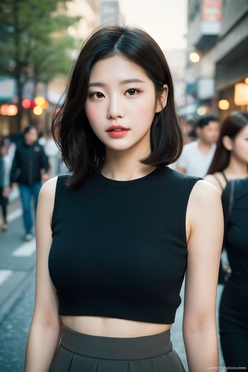 a gorgeous young korean lady with a soft, round face, large expressive eyes, long eyelashes, and delicate facial features, ample bosom, wearing a black top and short skirt, standing on a city street, highly detailed and realistic, 8k, masterpiece, masterful lighting, cinematic composition, photorealistic, volumetric lighting, vibrant colors, elegant, graceful, charming, bokeh