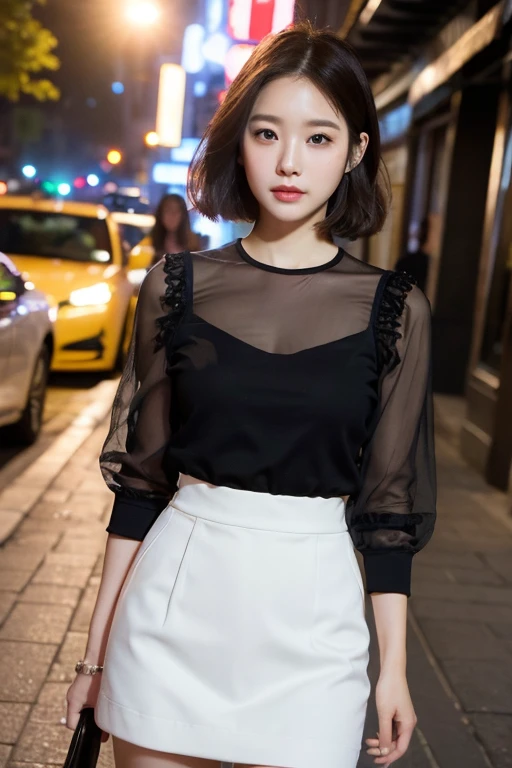 a gorgeous young korean lady with a soft, round face, large expressive eyes, long eyelashes, and delicate facial features, ample bosom, wearing a black top and short skirt, standing on a city street, highly detailed and realistic, 8k, masterpiece, masterful lighting, cinematic composition, photorealistic, volumetric lighting, vibrant colors, elegant, graceful, charming, bokeh