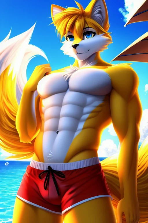 (High quality, masterpiece, a high resolution:1.3) Miles Prower, fox, fluffy, Blue eyes, two tails, standing, breast bundle, fur bun, swimming trunks, beach, summer, tropical, Slim, very Slim, very thin waist.masterpiece, detailed, beautiful digital art, masterpiece, 4K, small parts, Anthro, a lion, What, male, ((male род)), good quality anatomy, ((beautiful eyes)), , ((beautiful hands, detailed hands)), ,worth it, anime style, Cozy atmosphere,,inflection, big biceps, ,very pumped up,tmasterpiece,High quality,big biceps, ,very pumped up