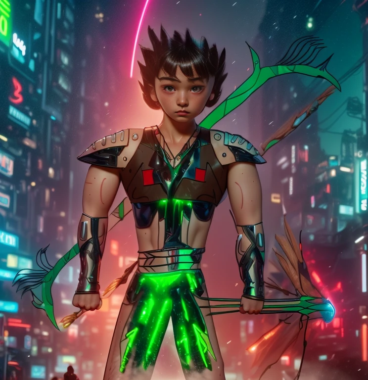 (ultra realistic,32k, masterpiece:1.2, UHD),(high detailed skin:1.1),( high quality:1.1), 1 boy, brown short raw cut hairs, brown eyes, green techno fantasy armor, cyberpunk, techno fantasy bow with ((energy bow arch)),((energy arrows)), caucasian race, light decourations, 18 years old