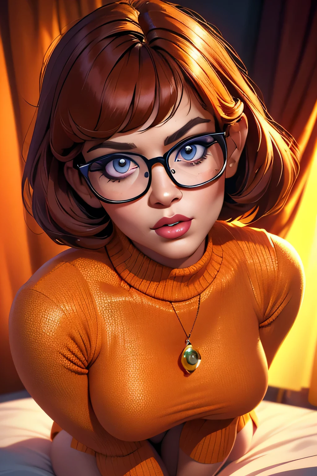 (masterpiece:1.2), (best quality), (ultra detailed), (8k, 4k, intricate),(full-body-shot:1), (highly detailed:1.2),(detailed face:1.2), (detailed background),detailed landscape, ((portrait)), (dynamic pose:1.2)  velma, 1girl, solo, breasts, looking at viewer, short hair, skirt, large breasts:1,9, brown hair, brown eyes, pantyhose, pleated skirt, glasses, orange strapless bra, turtleneck sweater, orange shirt, orange sweater,upper body