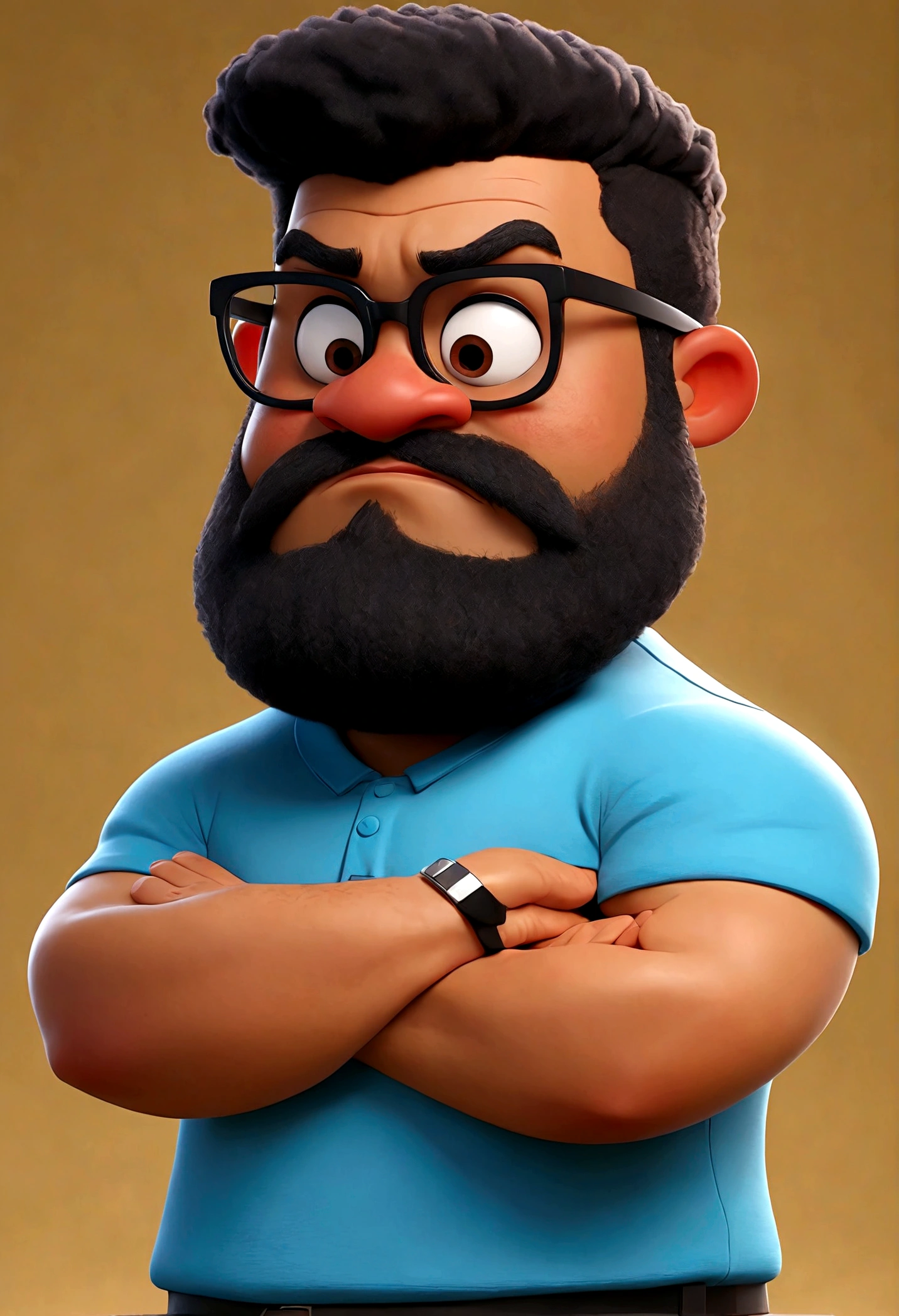 
Cartoon character of a man with black glasses and a blue shirt, animation character, Caractere estilizado, animation style rendering, 3D estilizado, mulatto man gym clothes with beard cap strong chubby