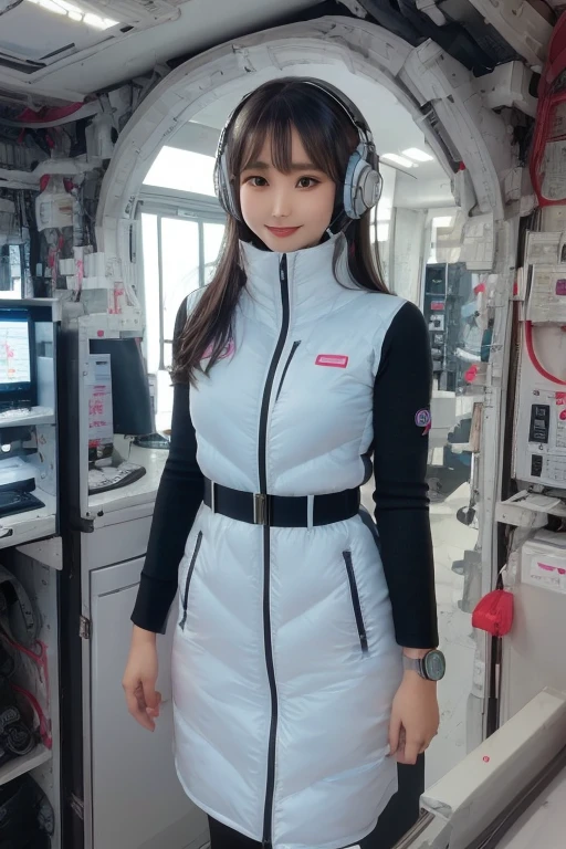 masterpiece, highest quality, Very detailed, 8K Portrait,Japanese Android Girl,plump , Control panel,Robotic arms and legs, Blunt bangs,,break (Metallic Gray, Metallic luster, Mirror finish, Astro Best):5,headphone:5,break (Black sleeves):100,Smart Watches,Futuristic space station,Control Room,break headphone,blue eyes,(Black Hair):2,(Long Hair):1.3,Displaying the viewer,(respirator),break blush:3,Hidden Hand,smile