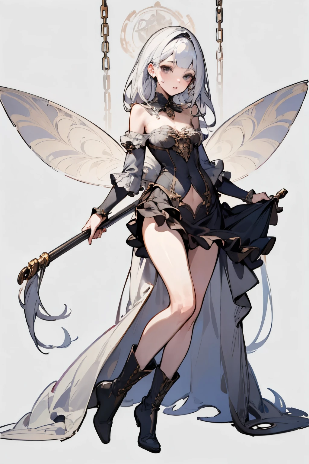  ((best quality)), ((masterpiece)), (detailed), 1girl, Character design, female, dynamic poses, long white grey hair, grey white eyes, very skinny, detailed, best quality, no accesoires around the neck, no shoes, prominent collarbones, skinny arms, flat stomach, visible hip bones, full body, blank white background, plain background, white background, red and white clothing, Bloodborne inspired, occult aesthetic, occult, detailed and intricate steampunk and detailed gothic, NSFW, Very dramatic and cinematic lighting, cosmic horror, grim-dark, side-lighting, perfect face, NSFW, Fluttering lace flared long knee length dress with frilly petticoats, knee length dress, pleated petticoats, petticoats gothic, complex lace boots, side-lighting, gothic aesthetic, wielding a mighty sword with mechanical components, mandalas, small breasts, a fairy, various different types of insect wings, NSFW, full body, whole body, body, plain background, white background, blank background, no background, white background NSFW, chains, full body, whole body, head-to-toe NSFW 