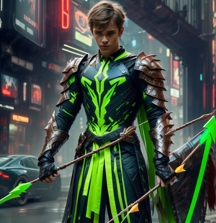 (ultra realistic,32k, masterpiece:1.2, UHD),(high detailed skin:1.1),( high quality:1.1), 1 boy, brown short raw cut hairs, brown eyes, green techno fantasy armor, cyberpunk, techno fantasy bow with ((energy bow arch)),((energy arrows)), caucasian race, light decourations, (20 years old)