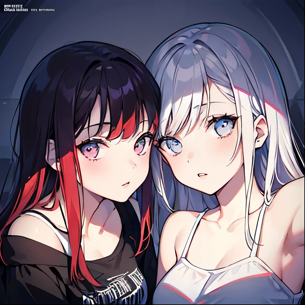 (Two girls), girlfriends, couple, in love, kissing, two women, unquie girls, opposite aesthetic, album cover quality, album cover art, girls, mature, sexual, big, album aesthetic, grunge, cute, punk, alt music, rock, (looking at viewer), bedroom eyes, tension, album, (no extra limbs), (high quality), (professional lighting and theme), (model type picture), (close up), (headshot picture) 