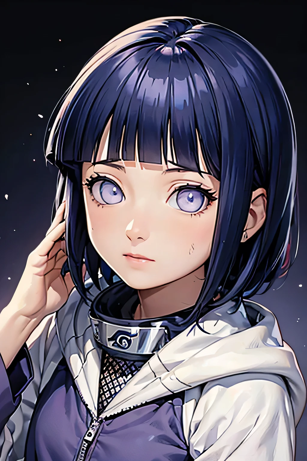 Rico em detalhes, rosto detalhado, lindo olhos lindo cabelos, hinata hyuga jovem, escuro cabelo azul claro olhos roxo