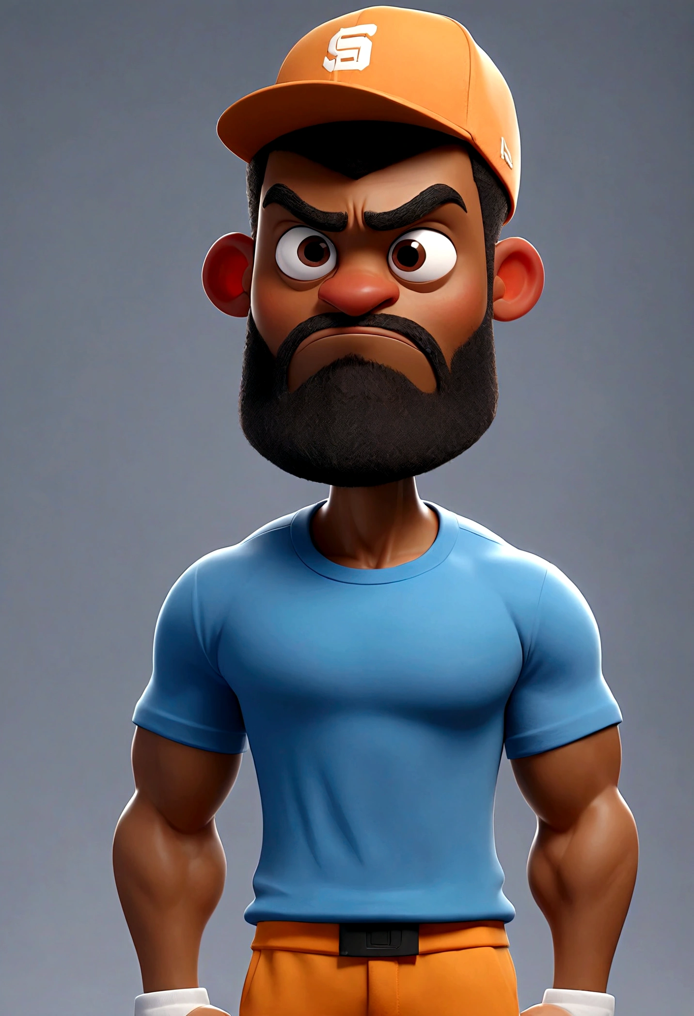 
Cartoon character of a man with   blue tshirt, animation character, Caractere estilizado, animation style rendering, 3D estilizado, mulatto man gym clothes with beard cap stro