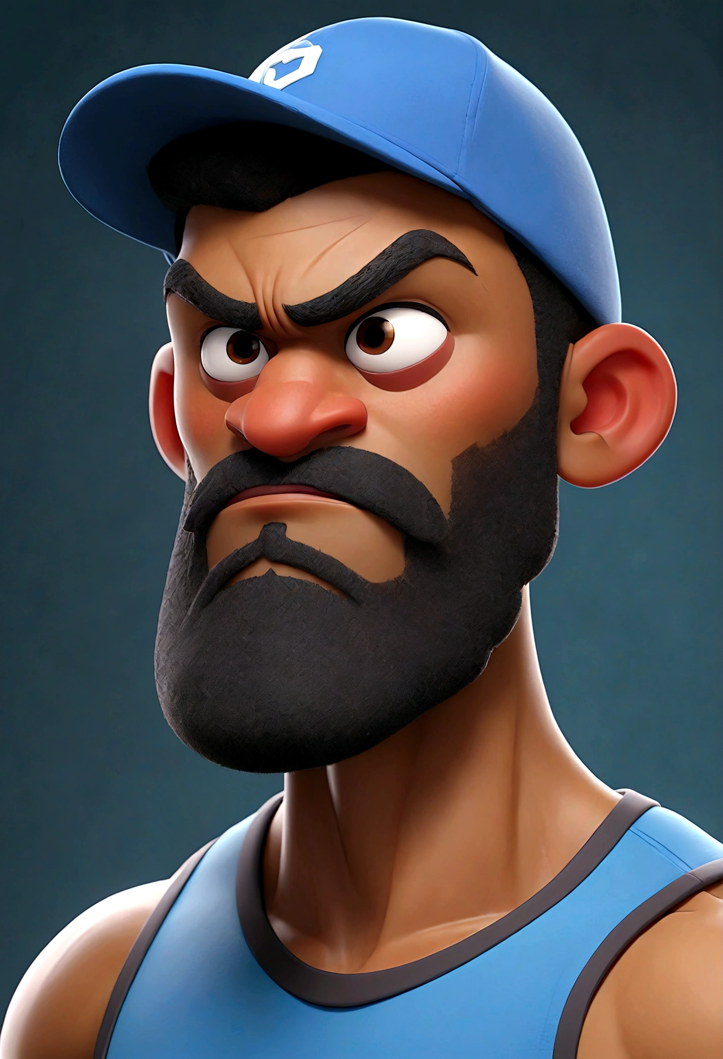 Cartoon character of a man with blue tshirt, animation character, Caractere estilizado, animation style rendering, 3D estilizado, mulatto man gym clothes with beard cap stro