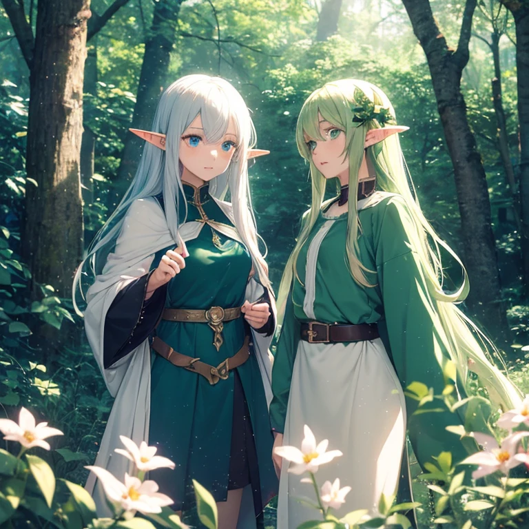 (8k, super details, award winning, high res), anime illustration, ((two elf girls)). One with long silver hair, green eyes. The other with short golden hair, blue eyes, in a green tunic. Set in a magical forest with glowing flowers and ancient trees.