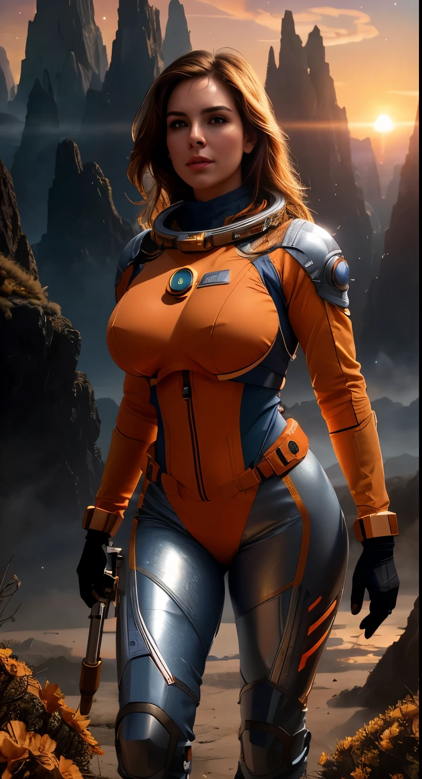 Alison Tyler como astronauta, radio satellite dish, Tangerina Laranja, Branco,cinto de utilidades, kit de pancadaria, alien landscape, marsh, Seixo Cinza Chrome, sci-fi, Obra de arte, 16k, UHD, HDR, a melhor qualidade, terno justo ao corpo, intricado, The most fantastic details, film composition, dramatic lighting, celestial bodies in the sky, arbustos secos, realistic reflections, sunset, Dynamic Posture